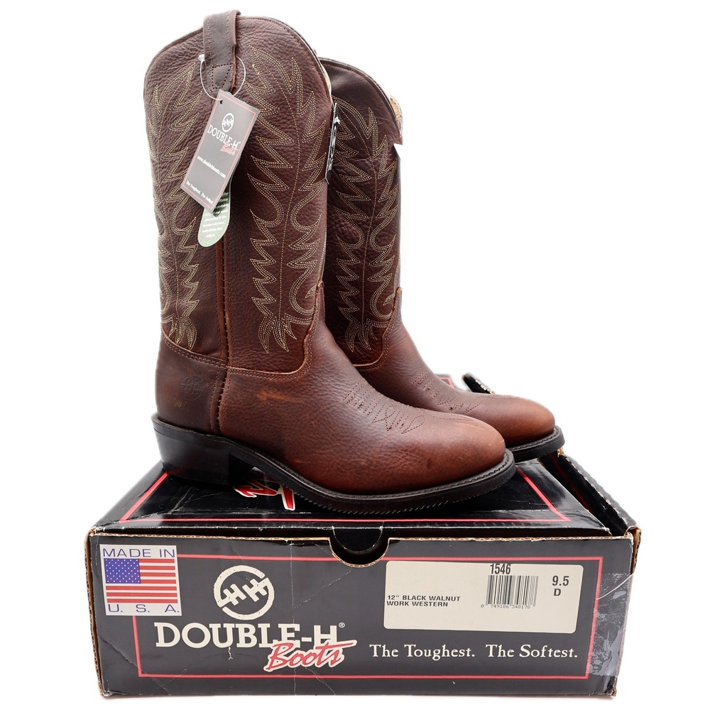 Double-H 1546 Work Western Boots Mens 9.5 D Black Walnut Leather NWT Made in USA